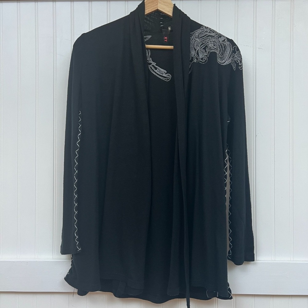 XT Cardigan Black Artsy Open Front White Embroidery Detail Women's S Grunge